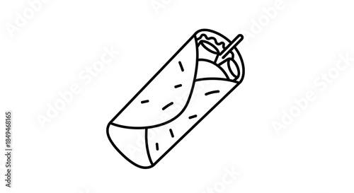 Minimalist Black Line Art Illustration Of A Burrito Or Wrap With Visible Filling And Texture Details On A White Background In Icon Style