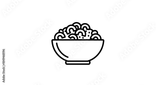 Minimalist Black Line Art Icon Of A Breakfast Cereal Bowl Filled With Crunchy Loops Or Pasta Rings Isolated On A Clean White Background For Food Design