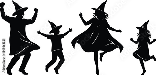 Silhouette of dancing witches in festive costumes, joyful Halloween celebration with children and adults in pointed hats, spooky family fun