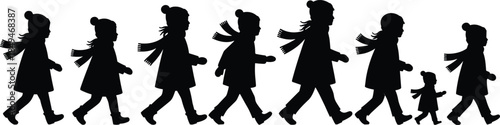 Silhouette sequence of child growing up in winter clothing, showing stages of development from toddler to adolescent, isolated on white background