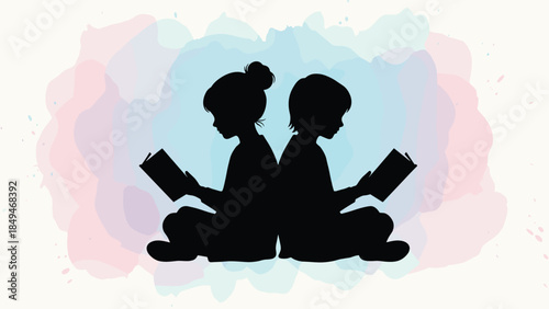 Silhouette of two children reading back-to-back with pastel background, symbolizing imagination, literacy, education, and childhood learning.