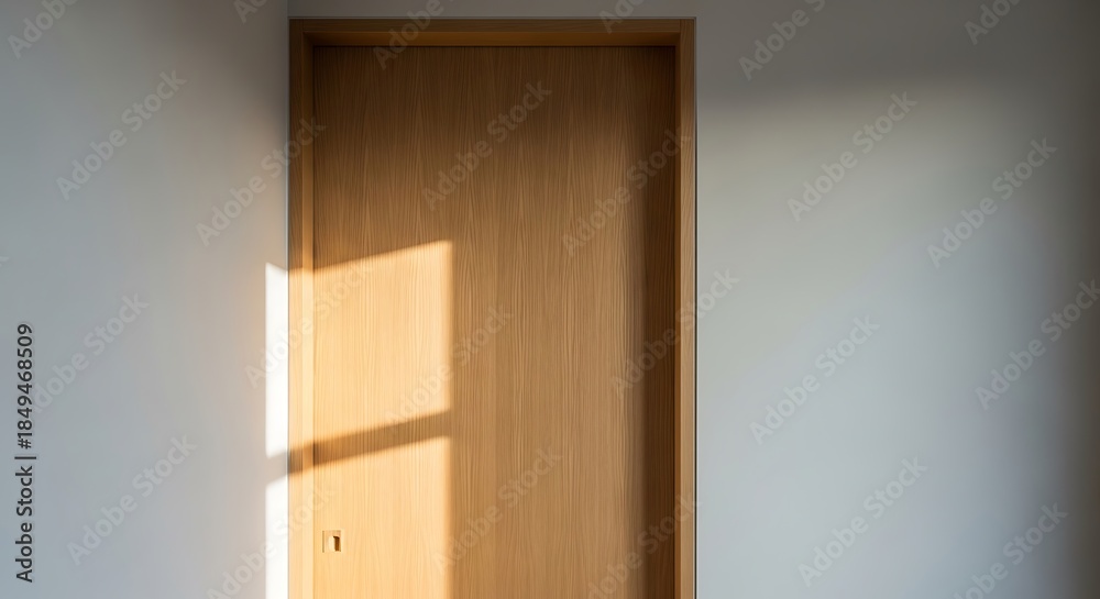 Fototapeta premium Interior door casting shadows on the wall of a modern minimalist home