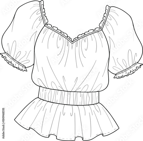 Women sweetheart neckline blouse technical design, front view elastic waist silhouette, puff sleeve style, feminine top, apparel template, fashion flats, cad drawing flat vector illustration