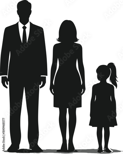 Stylized family silhouette of man, woman, and child, ideal for social themes, demographics, unity, and generational representation visuals