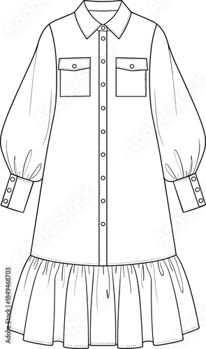 Women shirt dress technical design, front view button down style, long puff sleeves, ruffle hem silhouette, casual garment, apparel template, fashion flats, cad drawing flat vector illustration