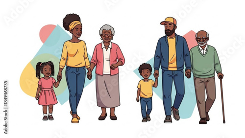 Diverse multi generational family walking together outdoors with colorful abstract background