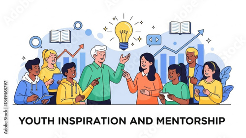 Diverse group of young people and mentor with lightbulb and growth charts