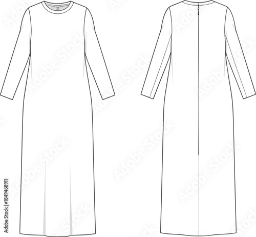 Women long sleeve maxi dress technical design, front and back view, straight silhouette, minimalist garment, apparel template, fashion flats, cad drawing flat vector illustration