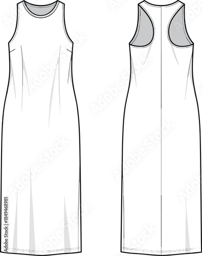 Women sleeveless racerback maxi dress technical design, front and back view, relaxed silhouette, modern apparel template, fashion flats, cad drawing flat vector illustration