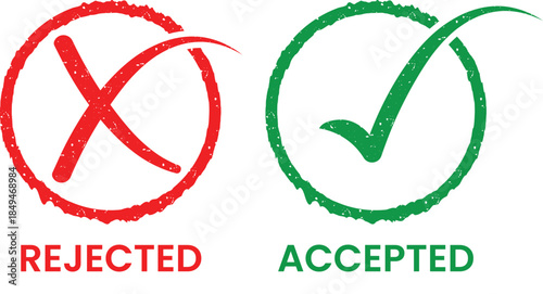 Approved and Rejected Grunge Rubber Stamps. Green Check Mark and Red X Icon Set, Vintage Distressed Vector on Transparent Background
