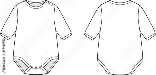 Baby bodysuit onesie technical design, front and back view, infant clothing garment, apparel template, fashion flats, cad drawing flat vector illustration