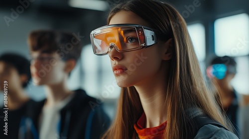 Young woman wearing futuristic orange lens augmented reality glasses while students participate in a virtual experience