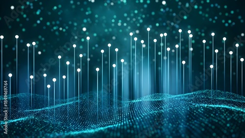 Abstract digital network with glowing particles and light beams representing data flow and connection.