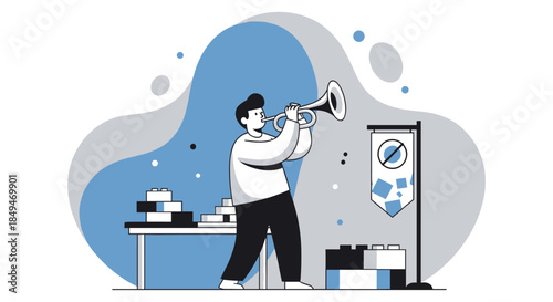 Man Standing Holding Megaphone Loudspeaker.