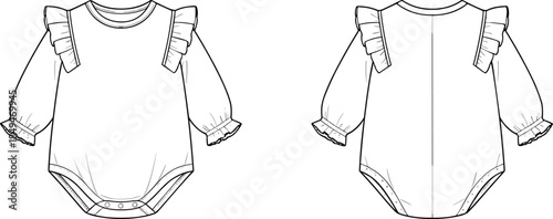 Baby girl long sleeve bodysuit technical flat sketch fashion illustration front and back view vector line art for apparel production