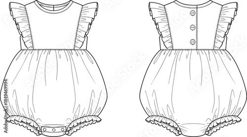 Baby romper cad flat vector illustration technical fashion drawing front back view ruffled sleeve infant bodysuit design sewing pattern template