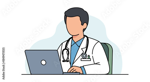 Male doctor working on laptop in modern medical setting