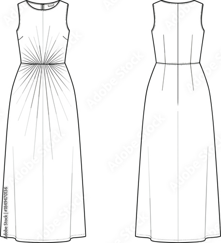 Women's sleeveless maxi dress technical flat sketch fashion illustration front and back view vector line art for apparel production