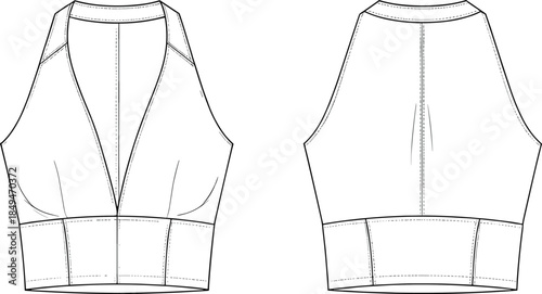 Cropped halter top fashion template with detailed front and back views, seam lines, darts, waistband construction for apparel design cad drawing flat vector illustration