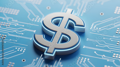 Digital dollar symbol glowing on futuristic circuit board, representing financial technology and online currency.
