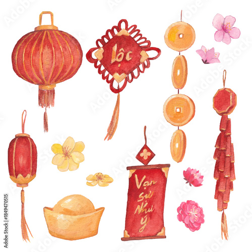 A watercolor illustration of traditional Vietnamese Tết holiday decorations, featuring red lanterns, lucky charms, firecrackers, gold ingots, and festive hanging ornaments painted in warm, celebratory
