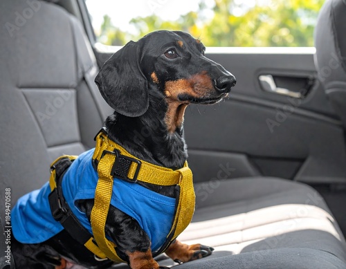 Black and tan dachshund sits inside a car wearing a blue harness