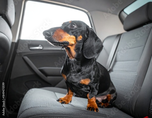 Black and tan dachshund sits inside a car looking out the window