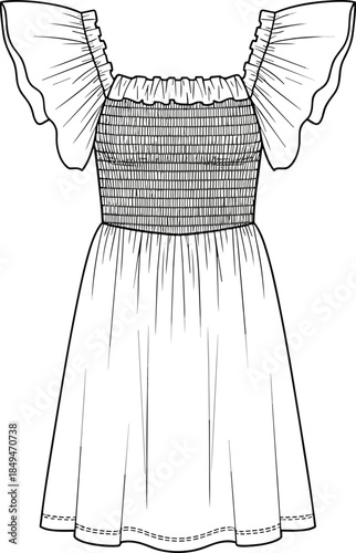 “Smocked summer dress fashion flat, flutter sleeve garment sketch, technical CAD apparel drawing for designers, vector illustration clothing template”
