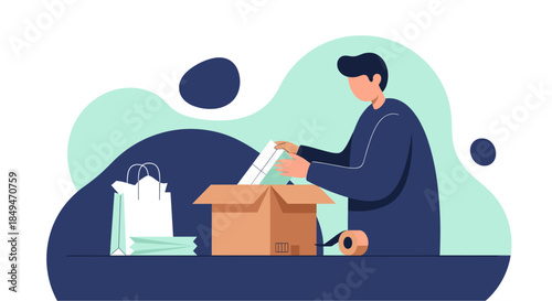 Man Unpacking Box with Shopping Bags.