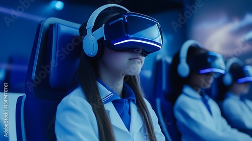 Young students wearing virtual reality headsets engage in immersive futuristic education technology experiences within a classroom setting