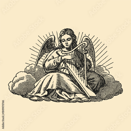 Seated Angel with Open Book Vintage Religious Engraving