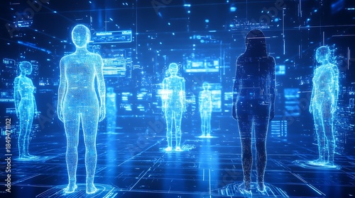 Futuristic digital human avatars representing a network of connections within a glowing blue virtual reality matrix