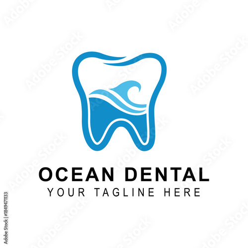 Dental and water wave logo, sun implant tooth health care symbol design template