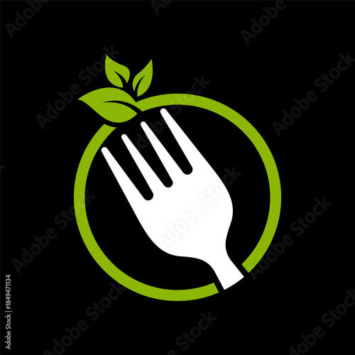 Fork leaf organic logo design. Healthy food icon template.