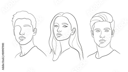 Three people drawn in a line, faces of a man with short hair, a woman with long hair,