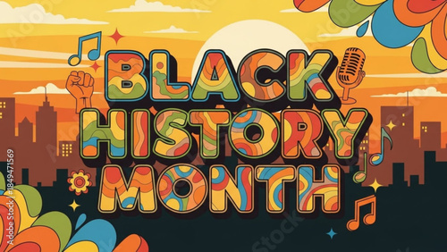 Vibrant black history month celebration graphic with colorful balloons and city skyline