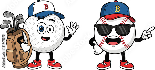 Cartoon sports ball characters, expressive golf and baseball mascots, playful athletic theme, kids sports art, flat vector illustration