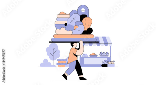 Man walking with large stack of books.