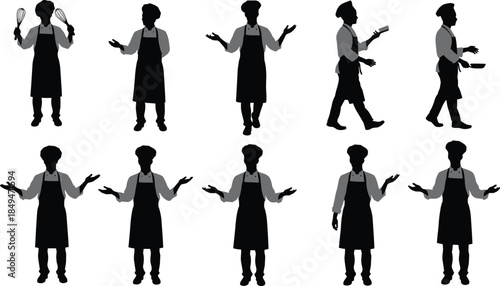 Silhouette of chefs, cooking, holding whisk, walking, frying, shrugging, wearing aprons, professional kitchen staff, culinary work, food preparation, restaurant industry, hospitality