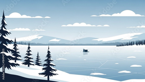 Ice fishing on frozen lake with snowy mountains and evergreen trees in winter landscape