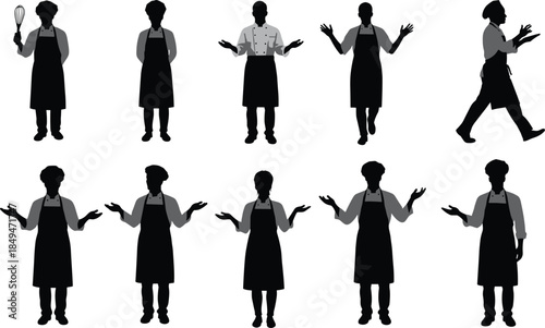 Silhouette of chefs, wearing aprons, cooking, holding whisk, shrugging, walking, standing, professional kitchen staff, culinary work, food preparation, hospitality industry