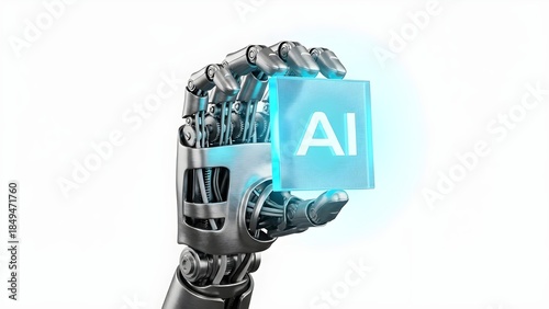 Robot hand holding a glowing blue cube with AI symbol, representing artificial intelligence and future technology.
