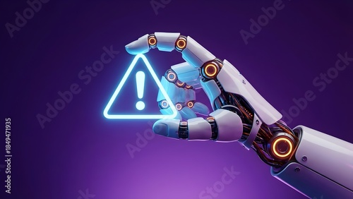 Robotic hand holding a glowing warning sign, symbolizing AI caution and digital alerts.