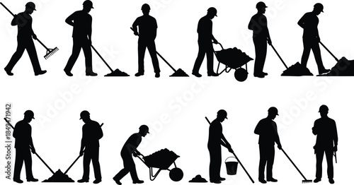 Silhouette of construction workers, shoveling, raking, using wheelbarrow, carrying bucket, manual labor, outdoor job, building site, hard hat, working poses, tools