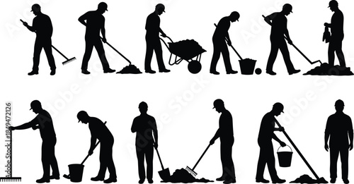 Silhouette of construction workers, using shovel, rake, wheelbarrow, carrying bucket, digging, laboring, hard hat, manual work, outdoor job, industrial poses