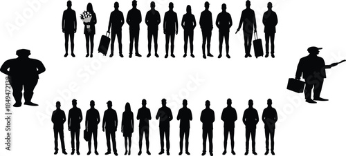 Silhouette of diverse people, men and women, workers, travelers, carrying luggage, briefcase, flowers, isolated on white background, standing in groups