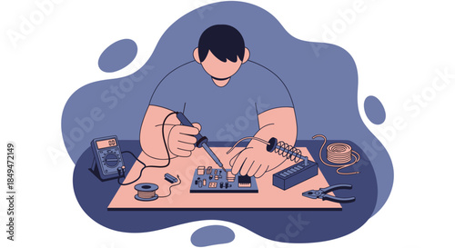 Man Working on Circuit Board Electronics.