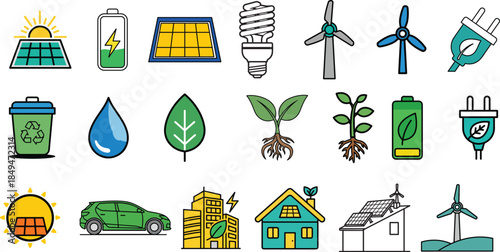Eco friendly icons and sustainable energy symbols