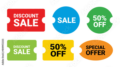 Collection of colorful discount sale stickers on a white background