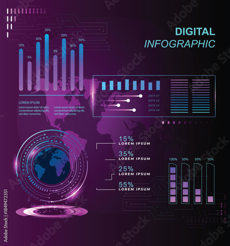 Comprehensive Blue Digital Infographic with Graph, Map, and Key Points featuring a line graph with data points, a dotted world map for geographical data, and a three-step numbered list with icons
